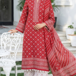 Ruby red printed lawn unstitched suit with matching dupatta