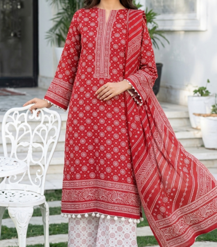 Ruby red printed lawn unstitched suit with matching dupatta