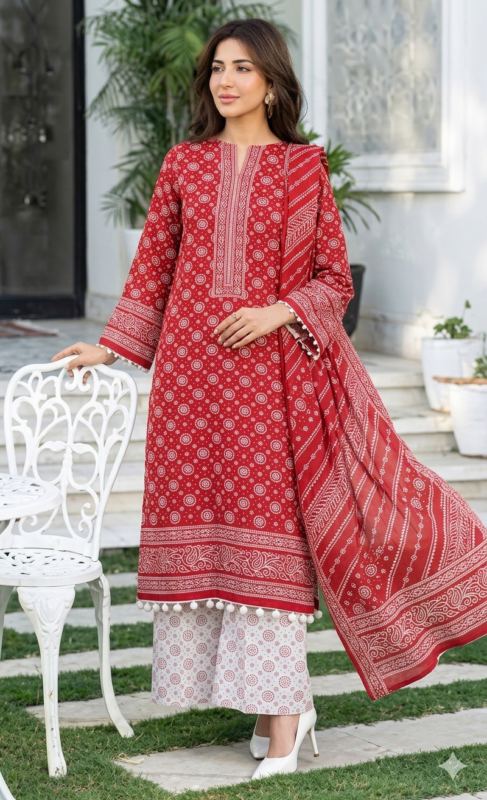 Ruby red printed lawn unstitched suit with matching dupatta