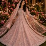 Walima Bride Pink Net Maxi with Silver Handmade Work – Couture Stitched Dress