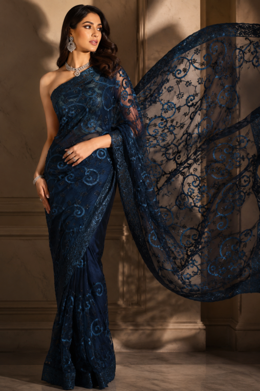 Midnight navy luxury unstitched saree for women