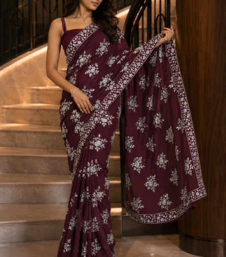 Deep maroon embroidered unstitched saree