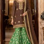 Brown Kurti Green Sharara Golden Work Dress