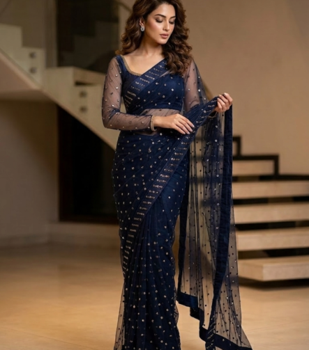 Royal blue designer unstitched saree