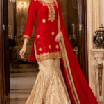 Red Kurti with Skin Golden Sharara Dress