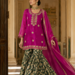 Pink Kurti Green Sharara Golden Work Dress