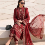 Maroon Luxury Organza 3-Piece Stitched Suit with Silk Trouser