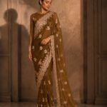 Elegant Mehndi Color Indian Saree – Fancy Embroidered Unstitched Collection