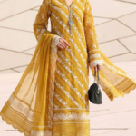 Mustard Luxury Boutique Style Stitched 3-Piece Organza Embroidered Suit